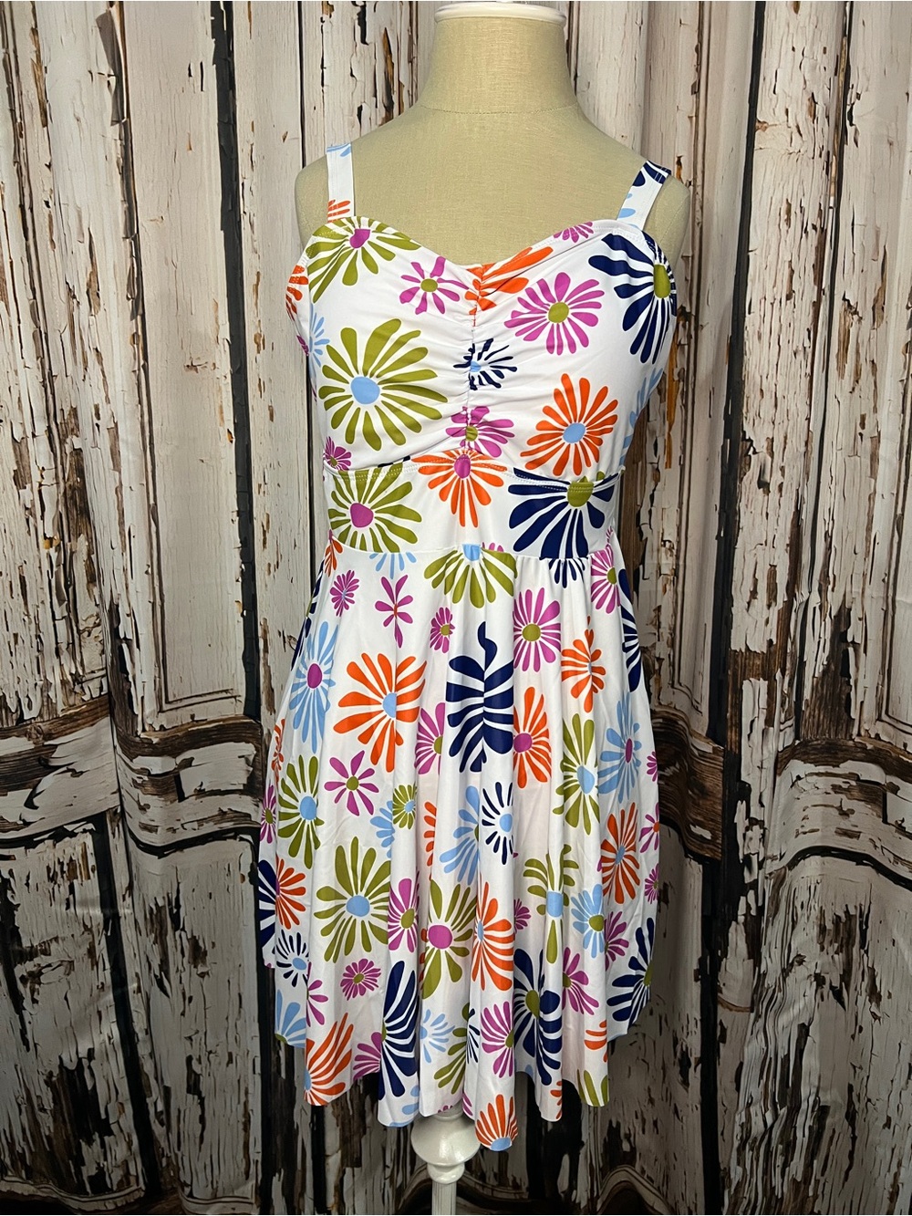 BloomChic White Floral Two-Piece Swimsuit with Orange, Navy & Green Flowers
